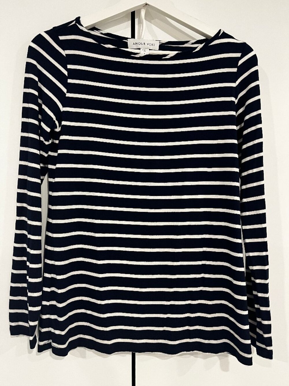 Amour Vert Navy Blue/White Stripe Top/Sweater, Made in USA, Small